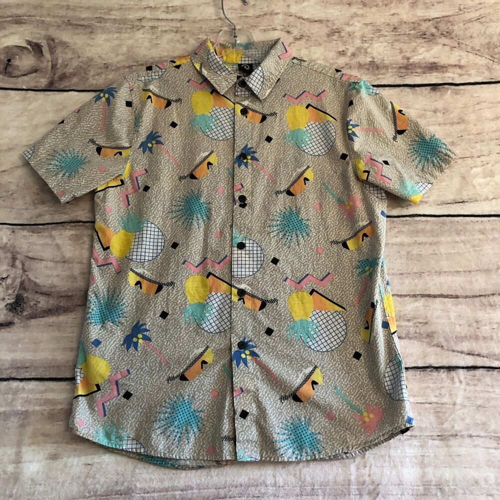 Neff Button Up Shirt Small Mens Short Sleeve 80s Print Shades Pineapple 90s